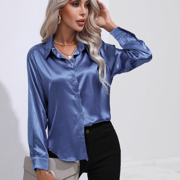Blue Collared Neck Buttoned Long Sleeve Shirt - Picture 1 of 13